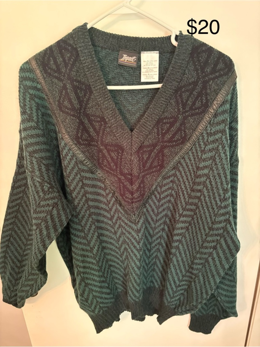 Vintage Pact Women's Teal and Gray V-Neck Sweater